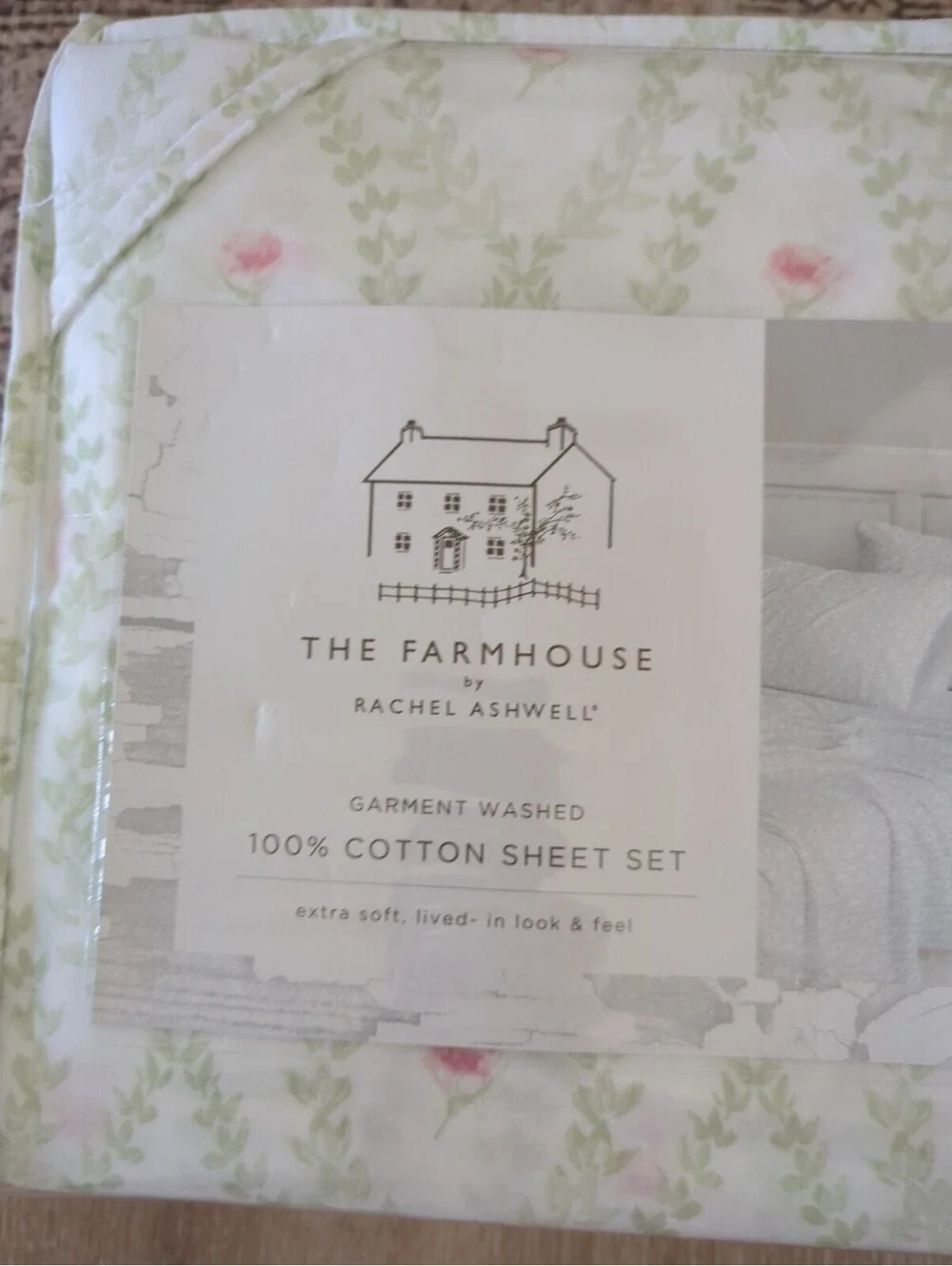 NWT Rachel Ashwell Farmhouse 4pc King Sheet Set Pink Roses Green Floral Cotton